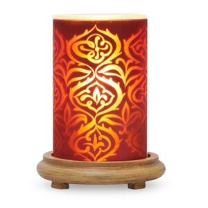Red scroll simmering light with wood grain base